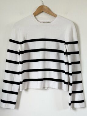 Minimalist Women's Poet White Crewneck Sweater with Black Stripes